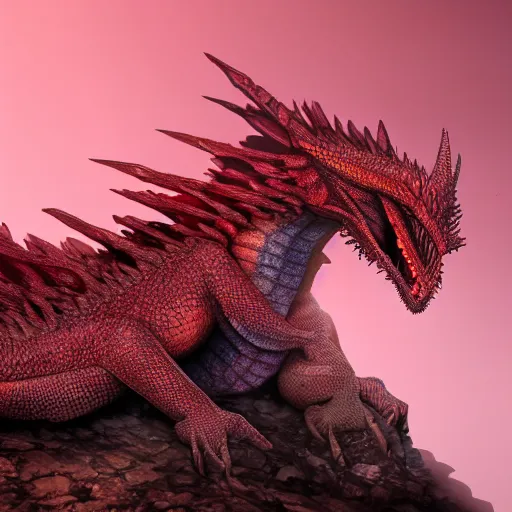 Prompt: red scaly dragon sleeping on a pile of bones in a dark dusty cave with a ray of light shining on it\'s face. Very detailed 8k. Photorealistic fantasy