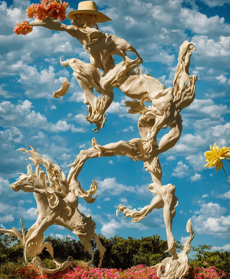 Prompt: a cowboy turning into blooms by slim aarons, by zhang kechun, by lynda benglis. tropical sea slugs, angular sharp tractor tires. complementary bold colors. warm soft volumetric dramatic light. national geographic. 8 k, rendered in octane, smooth gradients. angular sculpture by antonio canova by gian lorenzo bernini.