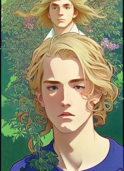 Image similar to pretty young man with shoulder length blond hair, male, half body shot, path traced, highly detailed, high quality, digital painting, by studio ghibli and alphonse mucha, leesha hannigan, hidari, art nouveau, chiho aoshima
