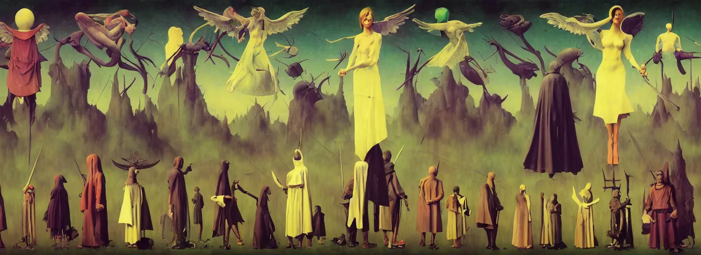 Image similar to full - body surreal colorful angelic rpg character concept art anatomy, action pose, very coherent and colorful high contrast masterpiece by norman rockwell franz sedlacek hieronymus bosch dean ellis simon stalenhag rene magritte gediminas pranckevicius, dark shadows, sunny day, hard lighting, reference sheet white! background