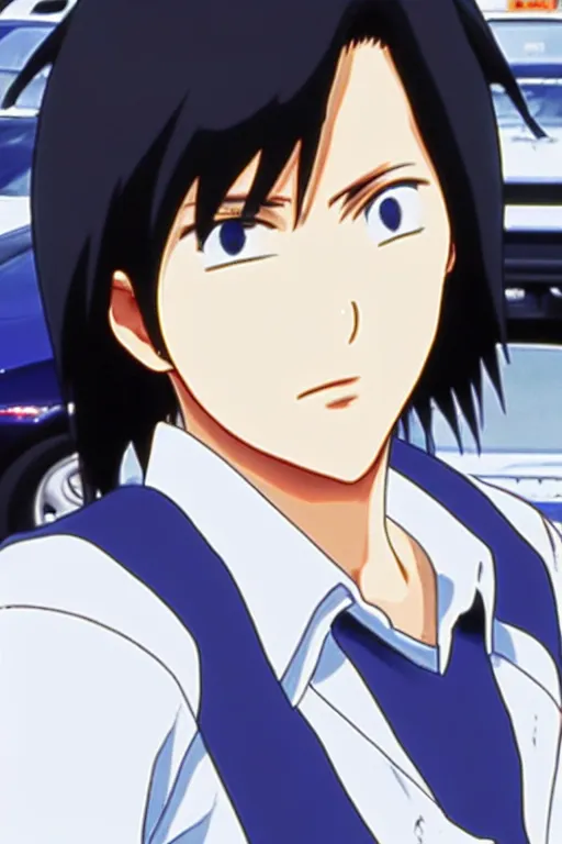 Image similar to very serious ryosuke takahashi with black hair wearing a dark blue shirt and white pants eating a cheeseburger stands leaning on his white mazda, initial d anime screenshot, initial d anime 1 0 8 0 p, detailed anime face, high detail, 9 0 s anime aesthetic
