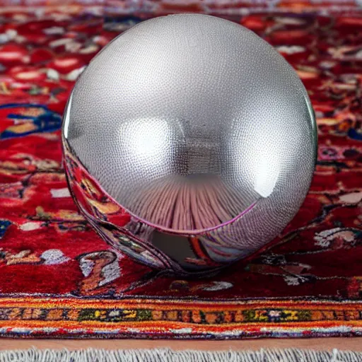 Prompt: A chrome sphere and a mirror set on a oriental rug, still life photography, high detail, 4k