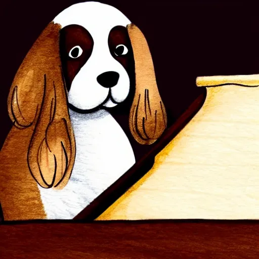 Image similar to a cute brown and white spaniel playing a grand piano, illustration, hand draw