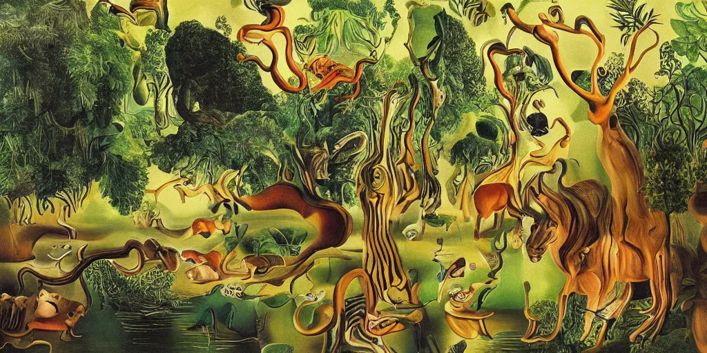 Prompt: Painting of a forest with rivers and animals in the style of Salvador Dali, highly detailed