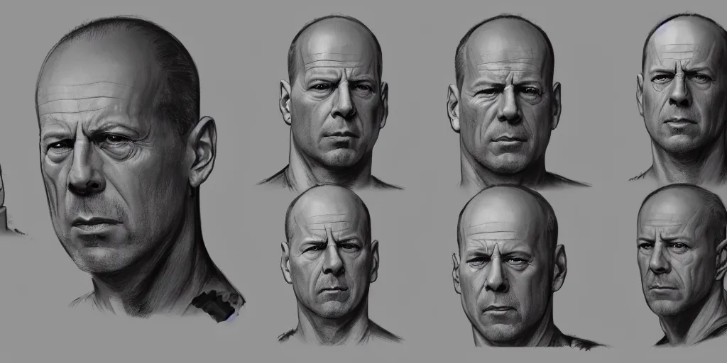 Image similar to bruce willis portrait, character sheet, concept design, contrast, kim jung gi, greg rutkowski, zabrocki, karlkka, jayison devadas, trending on artstation, 8 k, ultra wide angle, pincushion lens effect