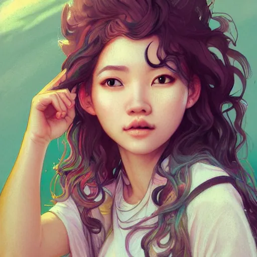 Image similar to portrait of a cute Thai girl with a messy curly hair, pastel hair, streetwear fashion, highly detailed, digital painting, artstation, concept art, sharp focus, illustration, art by artgerm and greg rutkowski and alphonse mucha