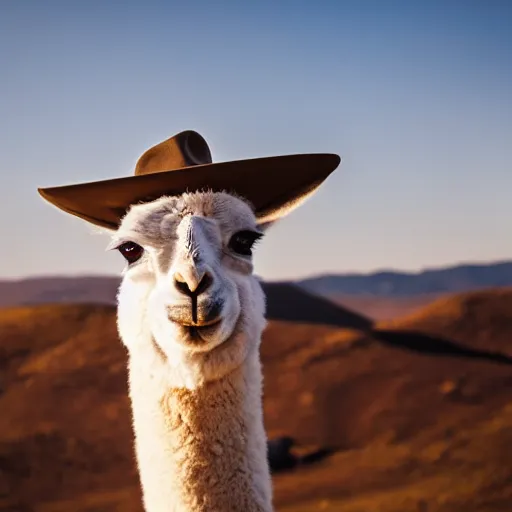 Prompt: professional photography of a llama with a hat, photo session, global light