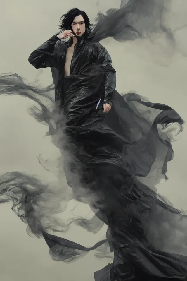 Prompt: a man with pale skin and long-black hair, latex suit and raincoat, floating in smoke, in the style of ruan jia