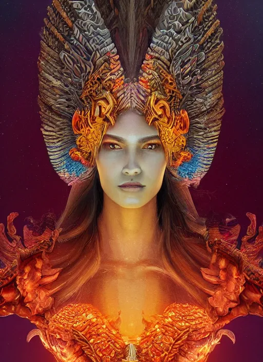 Image similar to a wlop 3 d portrait of a goddess, 8 k micro details beautiful intricate highly detailed quetzalcoatl skull and feathers. fire, galaxy, artwork by tooth wu and wlop and beeple and greg rutkowski, trending on artstation,