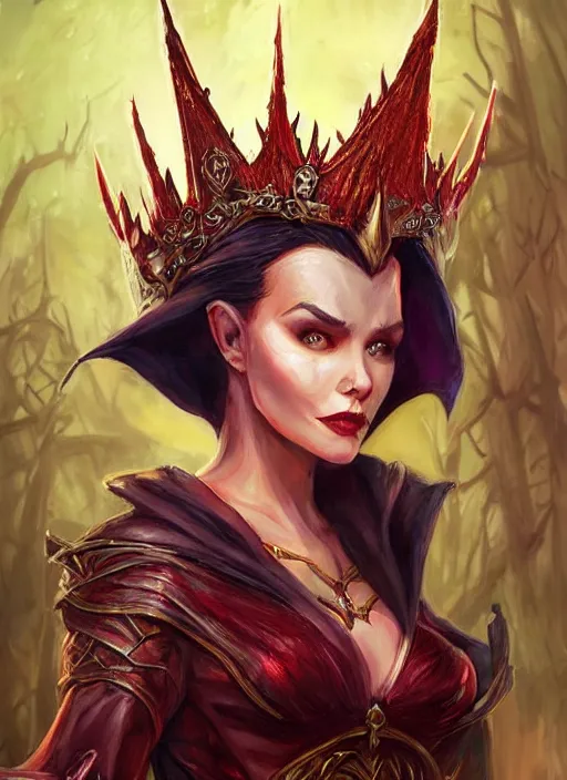 Image similar to evil queen beautiful wearing a crown, ultra detailed fantasy, dndbeyond, bright, colourful, realistic, dnd character portrait, full body, pathfinder, pinterest, art by ralph horsley, dnd, rpg, lotr game design fanart by concept art, behance hd, artstation, deviantart, hdr render in unreal engine 5