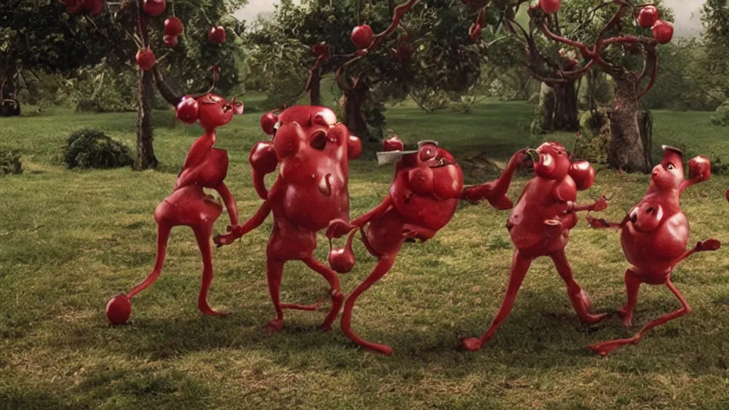 Prompt: anthropomorphic cherries fighting in a backyard, film still from the movie directed by Denis Villeneuve with art direction by Salvador Dalí, wide lens