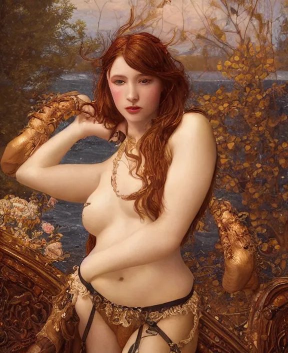 Image similar to a detailed hyperrealistic renaissance mermaid wearing an a intricate beautiful thick leather garters set, honey birdette, realistic renaissance portrait, highly detailed, digital painting, artstation, concept art, smooth, sharp focus, cinematic lighting, art by artgerm and wlop and jules joseph lefebvre and john maler collier, ilya kuvshinov