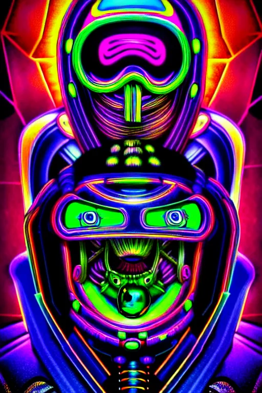 Image similar to maximalist detailed neon knight portrait. lowbrow scifi artwork by kidsquidy ø - cult and subjekt zero. ray tracing hdr polished sharp in visionary psychedelic fineart style inspired by ben ridgway and igor goryunov