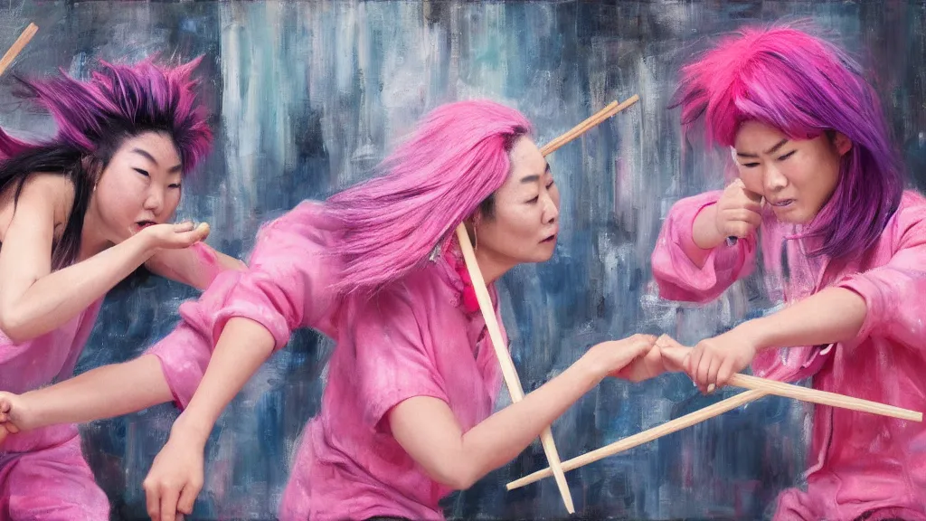 Image similar to asian person with chopsticks fighting a turkish person with pink hair, cinematic, 4 k, oil painting