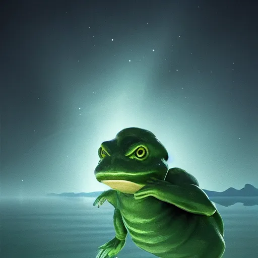 Prompt: Kappa coming out of the lake water at night illuminated by light of the moonlight, Trending on Artstation, concept art, realistic, fantasy, 8k