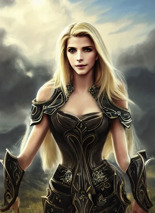 Image similar to portrait of a combination of Ashley Greene, Katheryn Winnick, Victoria Justice and Adriana Dxim, Grace Kelly, Emma Watson and Lily Collins with blonde hair wearing Paladin Armor from World of Warcraft, countryside, calm, fantasy character portrait, dynamic pose, above view, sunny day, thunder clouds in the sky, artwork by Jeremy Lipkin and Giuseppe Dangelico Pino and Michael Garmash and Rob Rey and Greg Manchess and Huang Guangjian, very coherent asymmetrical artwork, sharp edges, perfect face, simple form, 100mm