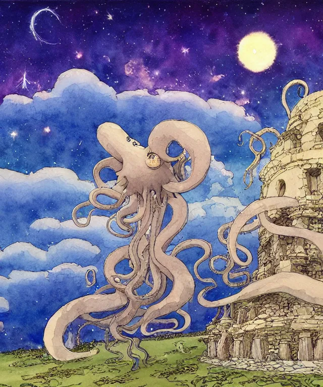 Image similar to a hyperrealist studio ghibli watercolor fantasy concept art. in the foreground is a giant long haired grey octopus sitting in lotus position on top of stonehenge with shooting stars all over the sky in the background. by rebecca guay, michael kaluta, charles vess