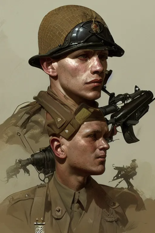 Prompt: A full portrait of a world war two soldier, intricate, elegant, highly detailed, digital painting, artstation, concept art, smooth, sharp focus, illustration, art by Krenz Cushart and Artem Demura and alphonse mucha