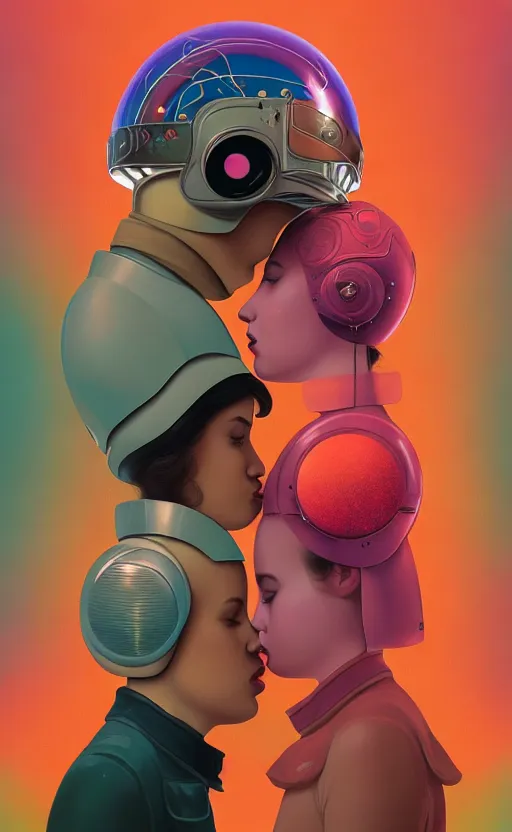 Image similar to portrait of two girl kissing each other and wearing a futuristic helmet by Petros Afshar and Beeple, James Gilleard, Mark Ryden, Wolfgang Lettl highly detailed