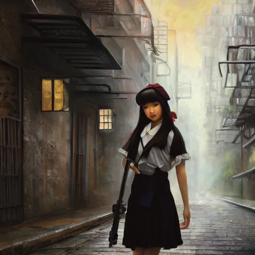 Image similar to a perfect, realistic professional oil painting in rococo style, of a Japanese schoolgirl posing in a dystopian alleyway, close-up, by a professional American senior artist on ArtStation, a high-quality hollywood-style concept