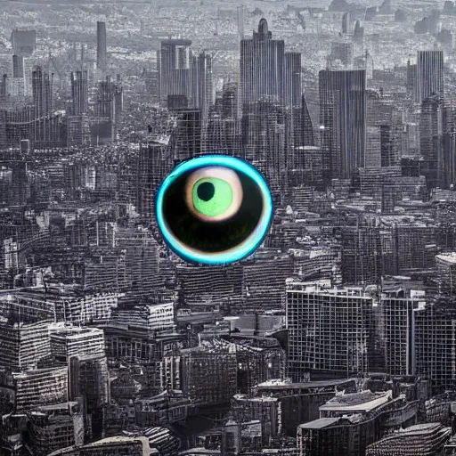 Prompt: big eye flies above the city, photorealistic