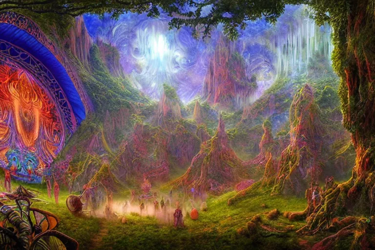 Image similar to a beautiful and highly detailed digital painting of psytrance festival in a secret valley, psychedelic patterns, intricate details, epic scale, 8 k, sharp focus, photorealism, artstation, cgsociety, by caspar friedrich, james gurney, alex grey, brian froud,