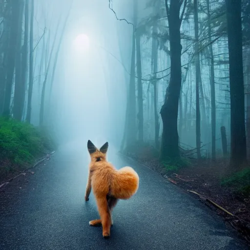 Image similar to a large two tailed druid fox muppet wearing a hooded cloak holding a lit torch and herding a bunch of random muppet animals following behind through a dark foreboding misty blue forest at night, sesame street, photograph, photography, ultrarealistic, national geographic