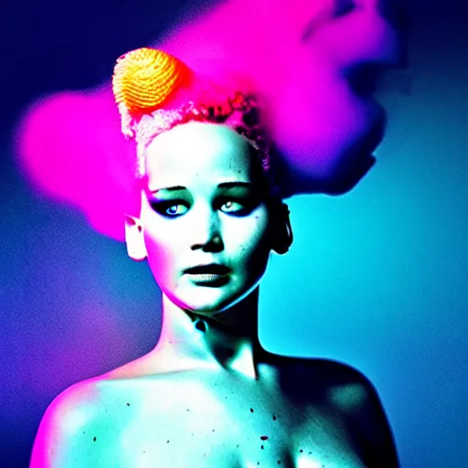 Image similar to jennifer lawrence as the bride of frankenstein, macro photography, glowing retinas, vaporwave, fuscia cyan yellow white powder on face, national geographic