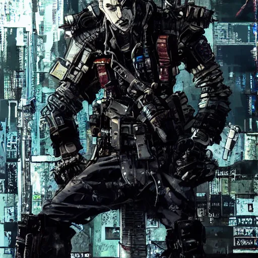 Prompt: a post-apocalyptic cyberpunk grimdark martial artist in the style of leonard boyarsky in the style of Yoji Shinkawa detailed realistic HD 8k High Resolution