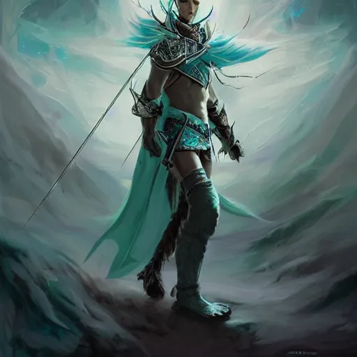 Image similar to handsome male snow elf in a turquoise cape and silver ornate armour as an archer, albino skin, pointed ears, ethereal opalescent mist, moonlight snow, fantasy art, perfect face, elegant, very coherent symmetrical artwork, atmospheric lighting, rule of thirds, by wenjun lin, krenz cushart, charlie bowater, trending on artstation