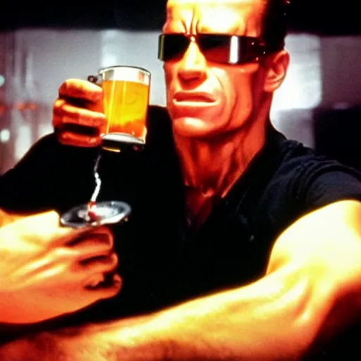 Image similar to The Terminator drinking beer, cinematic lighting