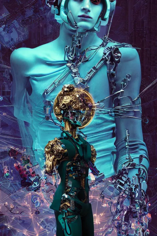 Image similar to full-body cyberpunk style sculpture of a young handsome Spanish prince half android with a chest opening exposing circuitry and a sparking motherboard, glowing blue eyes, crown of peach roses, flowing teal-colored silk, fabric, flowers. baroque elements, human skull. full-length view. baroque element. intricate artwork by caravaggio. many many birds birds on background. Trending on artstation, octane render, cinematic lighting from the right, hyper realism, octane render, 8k, depth of field, 3D