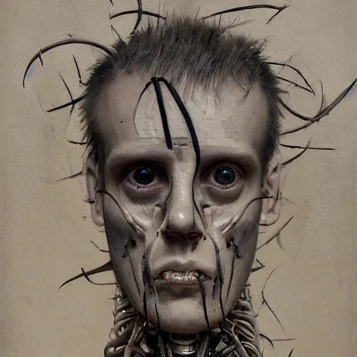 Image similar to surreal portrait of a man by Greg Rutkowski and H.R Giger, symmetrical face, he is about 30 years old, west slav features, short blonde hair with bangs, attractive, smart looking, slim, somewhat androgenic, transformed into a kind of biomechanical transhuman god, disturbing, terrifying but fascinating, with a determined and sinister expression on his face, cosmic void background, frightening, fascinating, highly detailed portrait, digital painting, book cover, artstation, concept art, smooth, sharp foccus ilustration, Artstation HQ