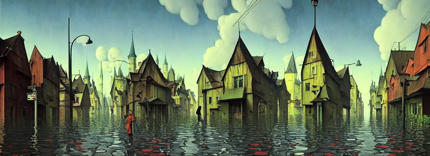 Image similar to flooded! old dark scary wooden empty cursed city street, very coherent and colorful high contrast masterpiece by gediminas pranckevicius rene magritte norman rockwell franz sedlacek, full - length view, dark shadows, sunny day, hard lighting, reference sheet white background