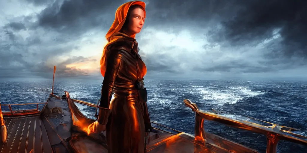 Prompt: medieval woman ship pilot standing at the bow of a ship at sea from behind, dramatic dark glowing golden neon sunset with thick wall of storm clouds and turbulant seas with land in the distance, hyperrealistic, hd 4 k, artstation