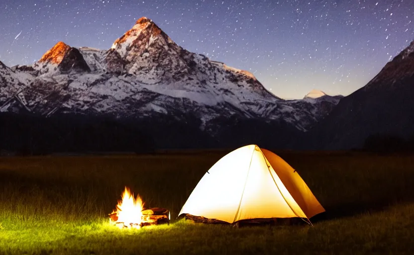 Prompt: night photography of a tent and fireplace with mountains in the background