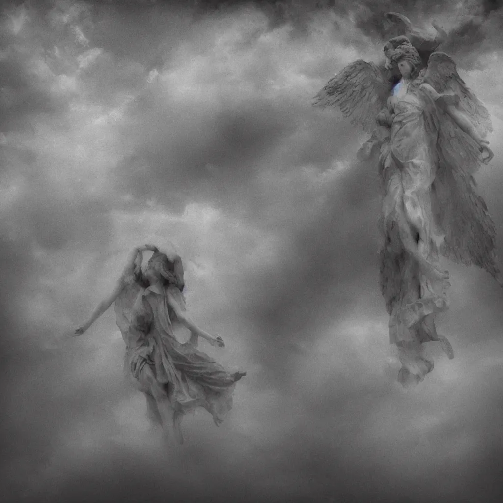 Image similar to i wait upon you in heaven, the angels are calling me back home, bad dream, hazy memory, volumetric, dark black and white in the style of alvin schwartz, epic angles