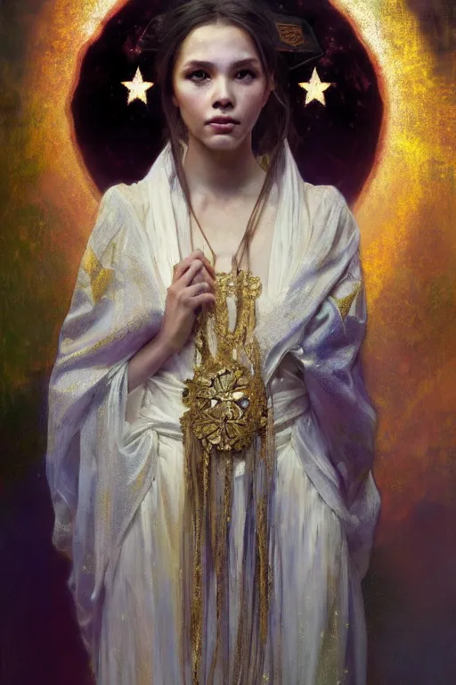 Prompt: hyperrealist portrait of a girl emperorit is decorated with long robes that fall like stars. by jeremy mann and alphonse mucha, fantasy art, photo realistic, dynamic lighting, artstation, poster, volumetric lighting, very detailed faces, 4 k, award winning
