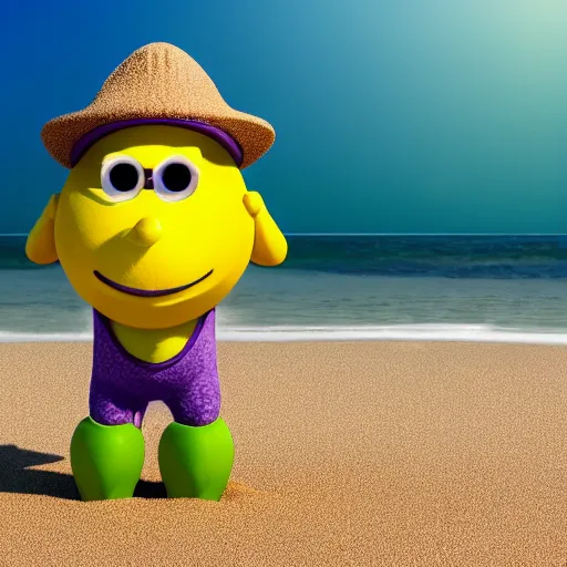 Image similar to 3 d octane render of an anthropomorphic lemon character, with lemon skin texture, it is wearing a hat and scuba diving suit, it's seen building a sandcastle on the beach at sunset, beach, huge waves, sun, clouds, long violet and green trees, rim light, cinematic photography, professional, sand, san dcastle, volumetric lightening