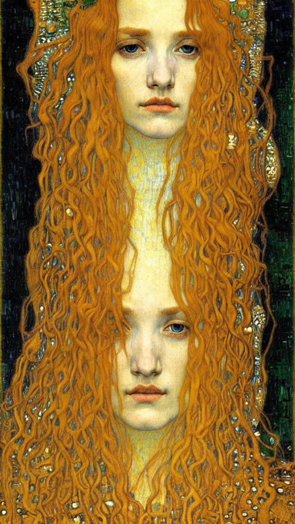 Image similar to detailed realistic beautiful young medieval queen face portrait by jean delville, gustav klimt and vincent van gogh, art nouveau, symbolist, visionary, gothic, pre - raphaelite, muted earthy colors, desaturated