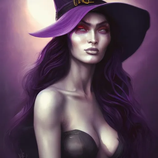 Prompt: an insanely detailed portrait of a beautiful witch that looks like megan fox with long dark purple hair, wearing black witch hat, in the style of peter mohrbacher, artgerm, dramatic lighting and composition, octane render, trending on artstation, concept art 8 k