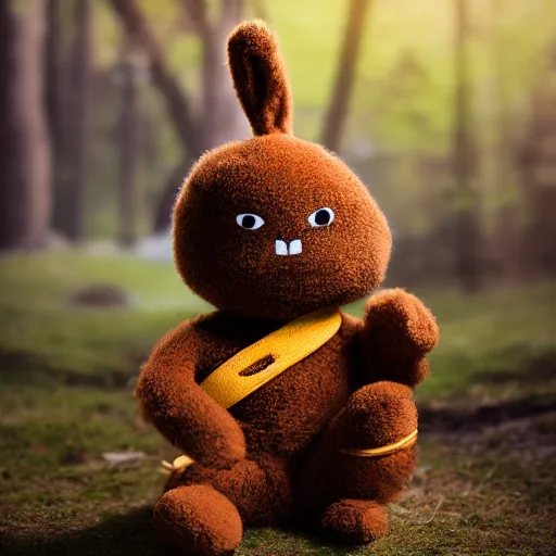 Image similar to a little brown karate loving ninja bunny that is a plush muppet wearing cool ninja clothes and practicing her karate out in nature, photorealistic, photography, ambient occlusion, rtx, national geographic