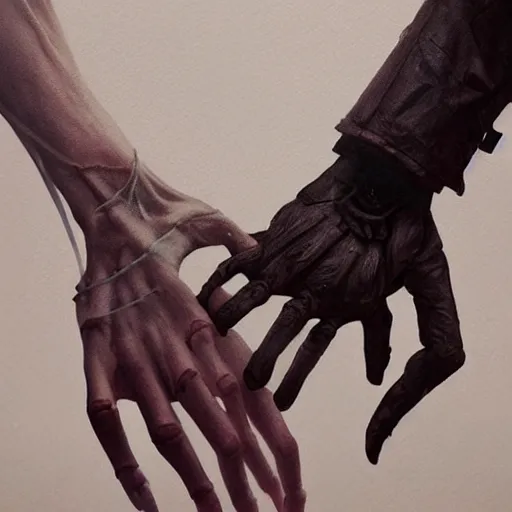 Image similar to Holding hands, vertical symmetry, close up shot, detailed hands, detailed skeleton hands, beautiful moody artwork by Greg Rutkowski and Asher Duran