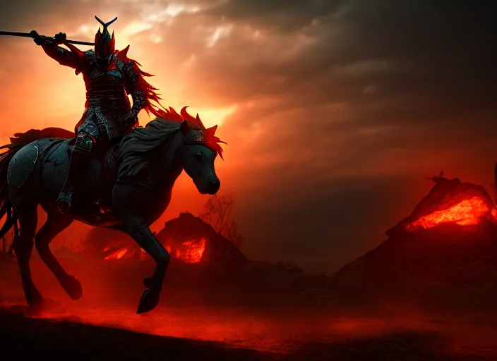 Image similar to hell knight riding a horse into battle, highly detailed, 4 k, hdr, award - winning, octane render, artstation