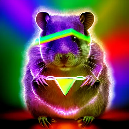 Prompt: cyberpunk hamster made of glowing rainbow neon lights holding a rainbow gem crystal, light reflection, 8 k, hd, logo