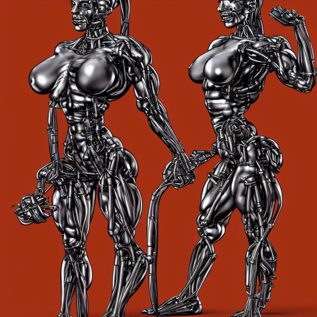 Prompt: character design, bodybuilder female terminator, open mechanical, electronics, veins, cables, rust, sparks