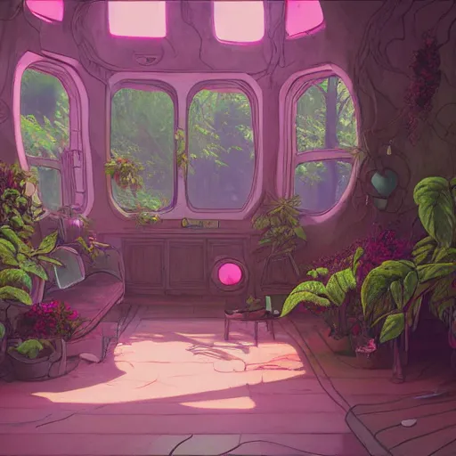 Image similar to concept art painting of a interior of a cozy alien fantasy cottage, with black vines and magenta houseplants, round windows, realistic, detailed, cel shaded, dark, in the style of makoto shinkai and greg rutkowski and james gurney