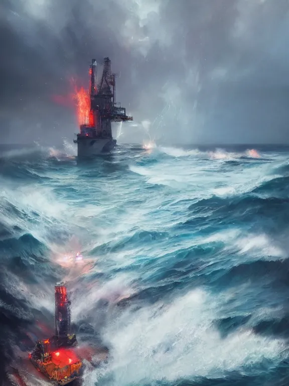 Image similar to photo of 8k ultra realistic burning oil rig at sea, heavy storm, rain, large waves, full of colour, cinematic lighting, battered, trending on artstation, 4k, hyperrealistic, focused, extreme details,unreal engine 5, cinematic, masterpiece, art by Peter Mohrbacher