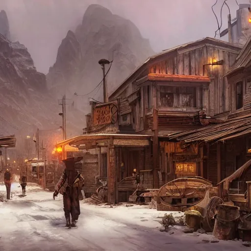 Prompt: painting of an wildwest town, snow, ultra realistic, concept art, intricate details, eerie, highly detailed, fallout, wasteland, photorealistic, octane render, 8 k, unreal engine 5. art by artgerm and greg rutkowski and alphonse mucha