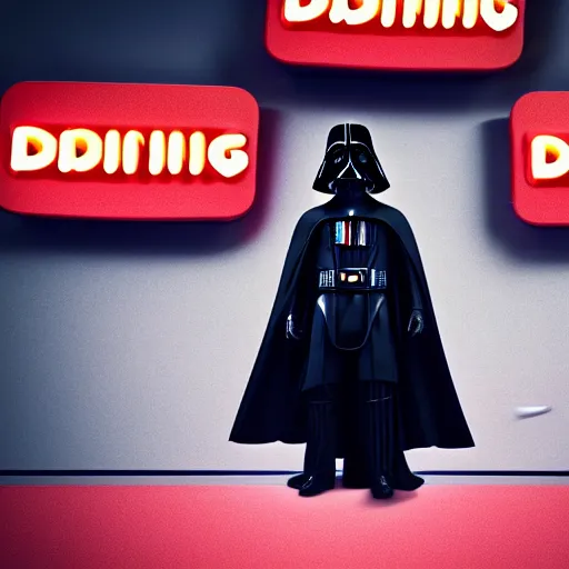 Image similar to darth vador working at dunkin donuts , 8k cinematic lighting, very sharp detail, anatomically correct